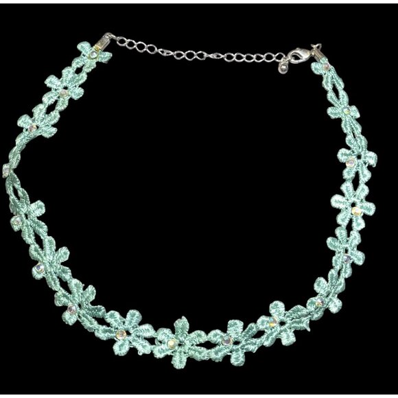 Turquoise Floral Lace Rhinestone Choker Necklace - Picture 1 of 6